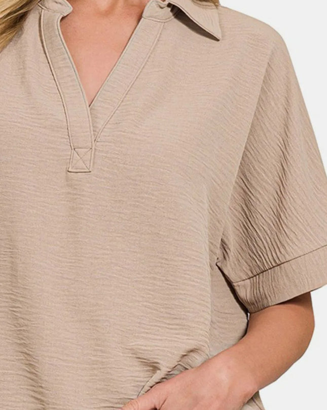 Zenana Texture Collared Neck Short Sleeve Top