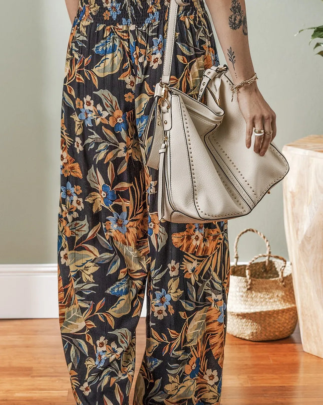 Floral Shirred High Waist Wide Leg Pants with Tie