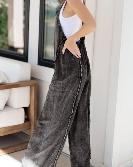 Frayed Exposed Seam Wide Leg Denim Overalls