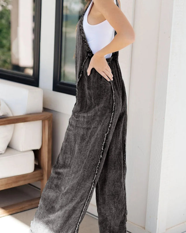 Frayed Exposed Seam Wide Leg Denim Overalls