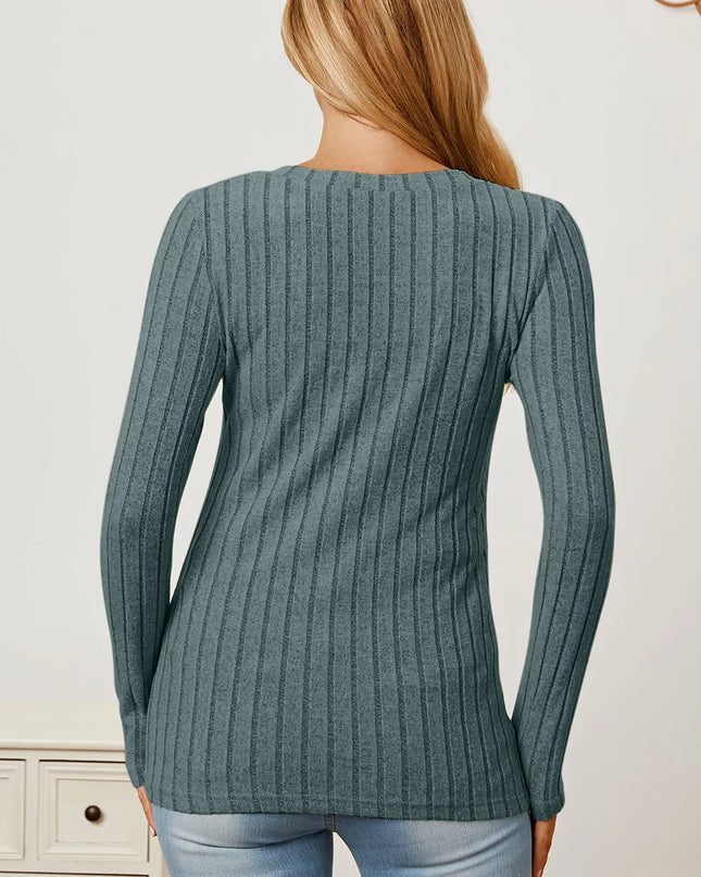 Basic Bae Full Size Ribbed V-Neck Long Sleeve T-Shirt