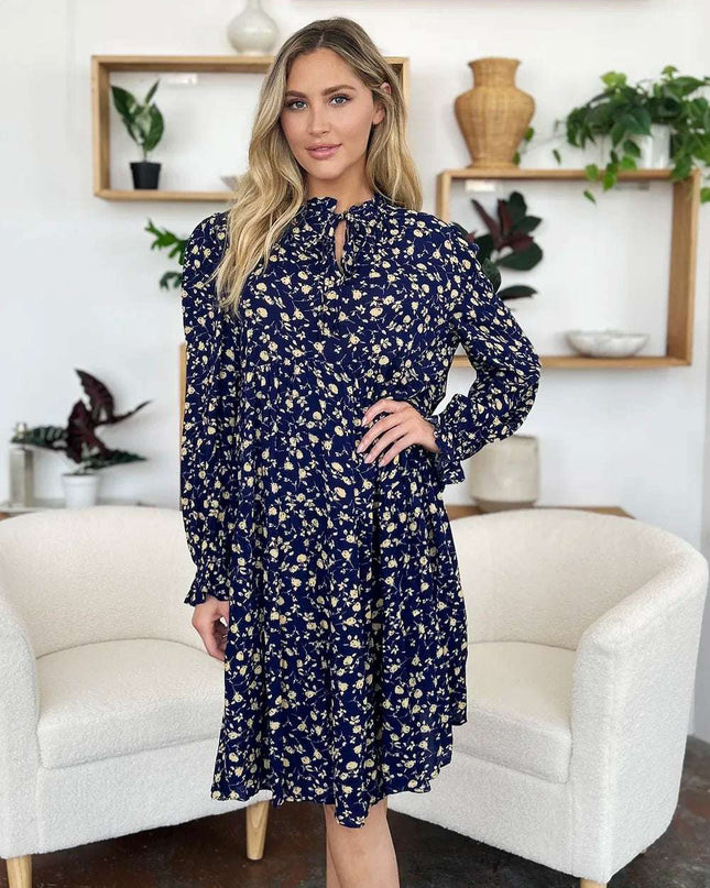 Double Take Full Size Printed Ruffle Hem Long Sleeve Tiered Dress