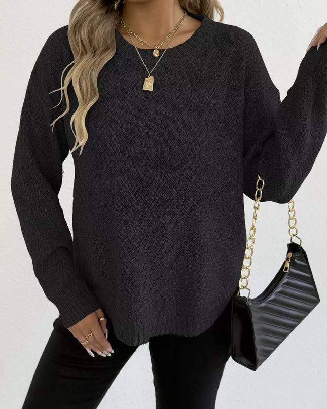 Textured Knit Relaxed Fit Round Neck Sweater