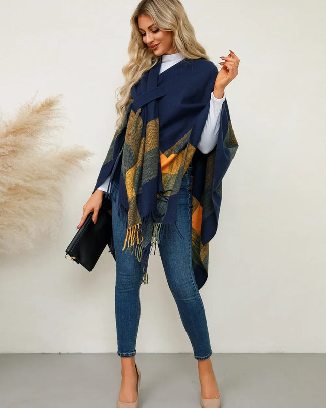 Fringe Contrast Plaid Poncho