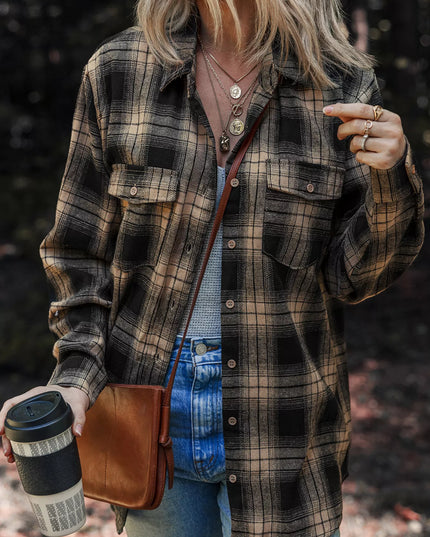 Plaid Double Flap Pocket Brushed Shacket