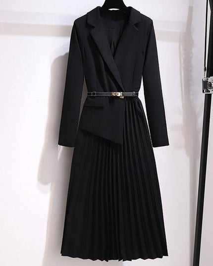 DR056Y Women Blazer Pleated Dress with Genius Leatther Belt Black