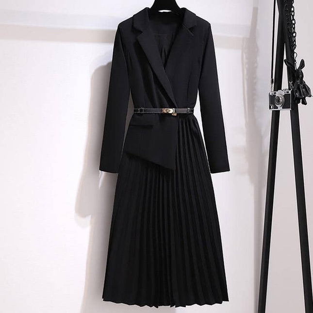 DR056Y Women Blazer Pleated Dress with Genius Leatther Belt Black