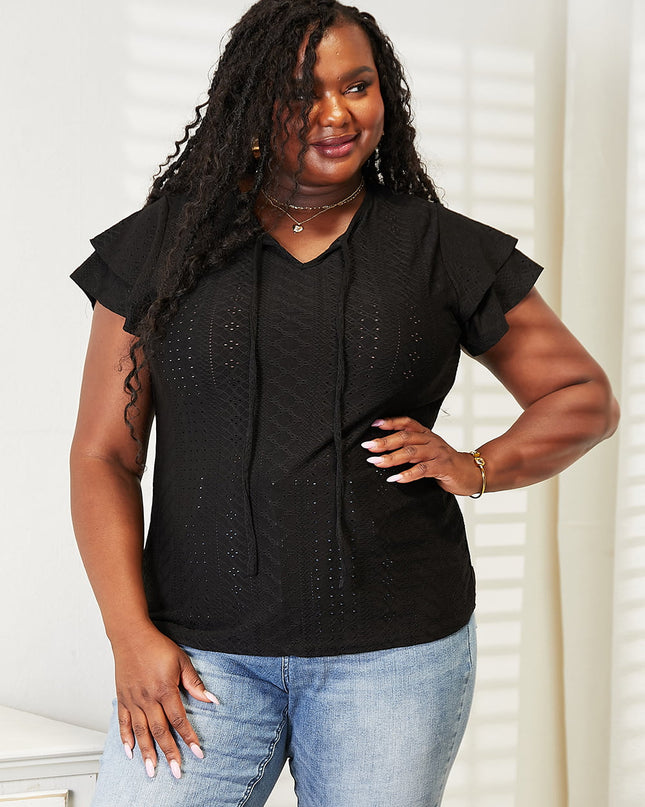 Mandy Eyelet Tie-Neck Flutter Sleeve Blouse