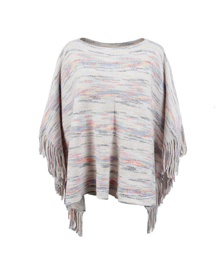 Round Neck Fringe Detail Sleeve Poncho Ivory One Size