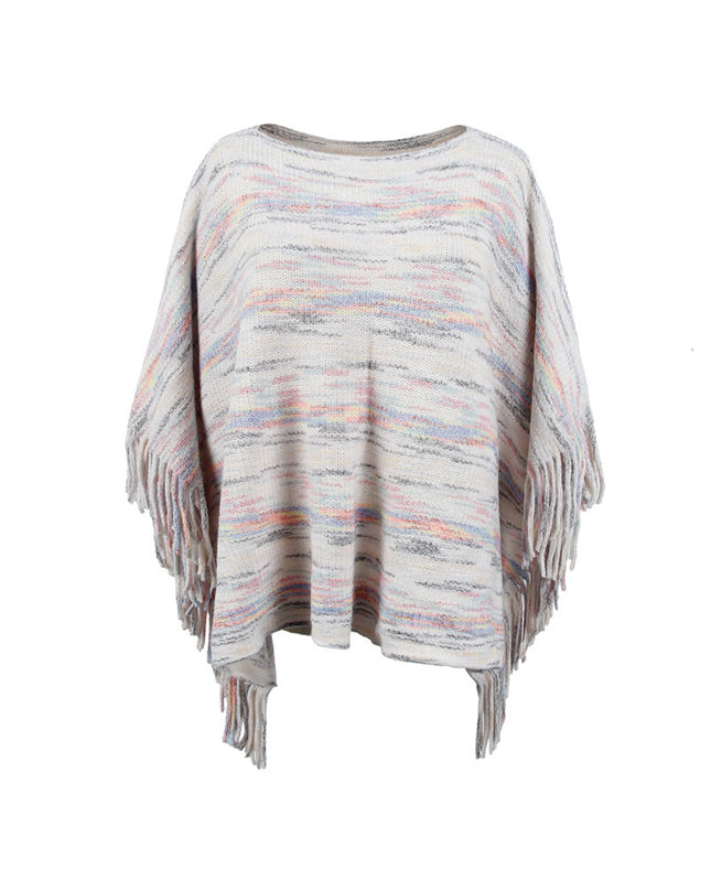 Round Neck Fringe Detail Sleeve Poncho Ivory One Size