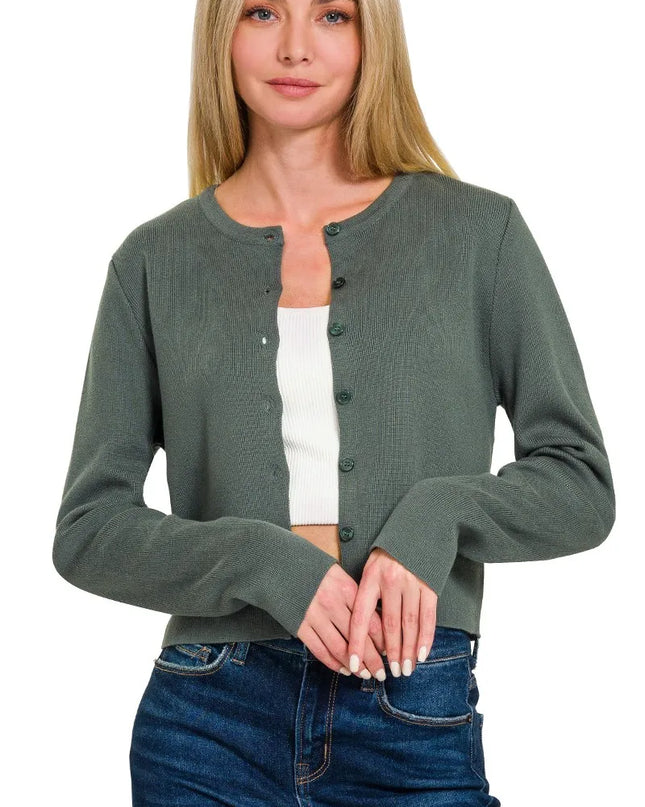 Zenana Button-Front Crewneck Long Sleeve Cropped Cardigan ASH JADE