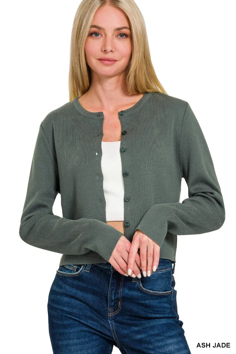 Zenana Button-Front Crewneck Long Sleeve Cropped Cardigan ASH JADE