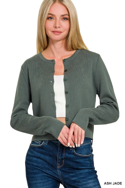 Zenana Button-Front Crewneck Long Sleeve Cropped Cardigan ASH JADE