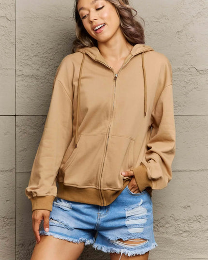 Full Size Zip Up Long Sleeve Hooded Jacket