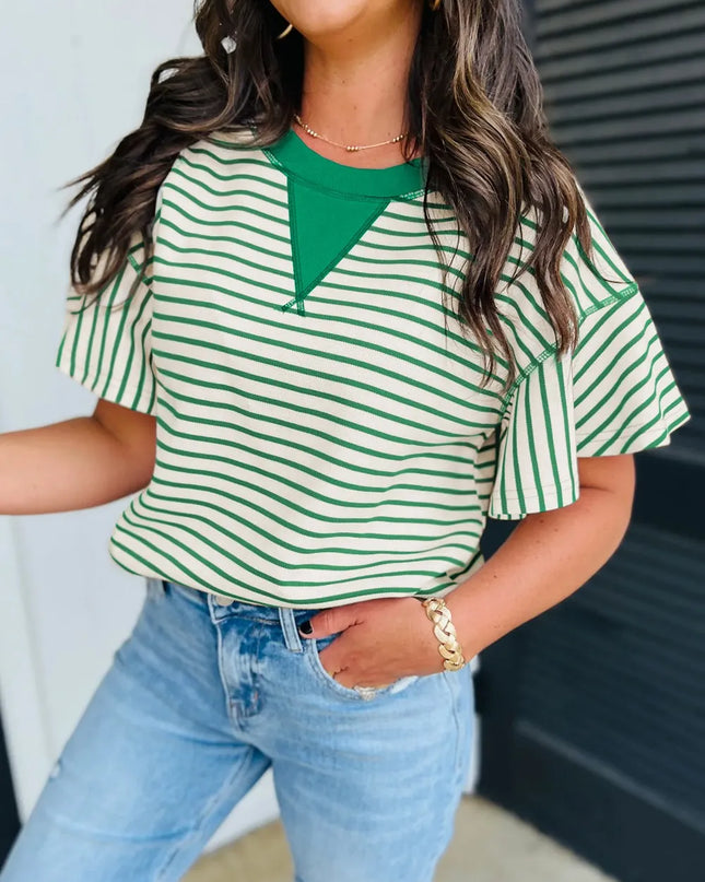 Striped Flounce Sleeve Casual Blouse Green