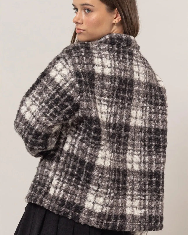 HYFVE Plaid Collared Neck Boucle Jacket with Pockets
