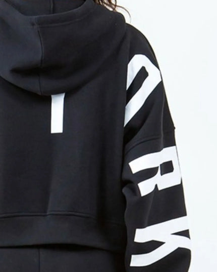 American Bazi Letter Graphic Long Sleeve Drawstring Cropped Hoodie