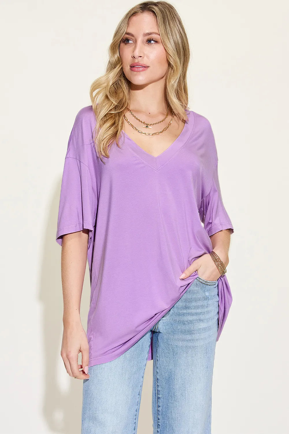 Basic Bae Full Size Bamboo V-Neck Drop Shoulder T-Shirt 