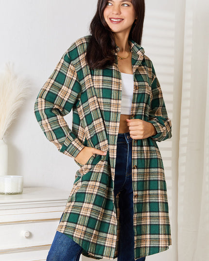 Mandy Plaid Collared Neck Long Sleeve Shirt Dark Green