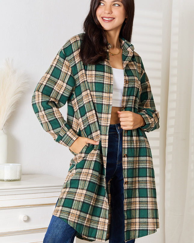 Mandy Plaid Collared Neck Long Sleeve Shirt Dark Green