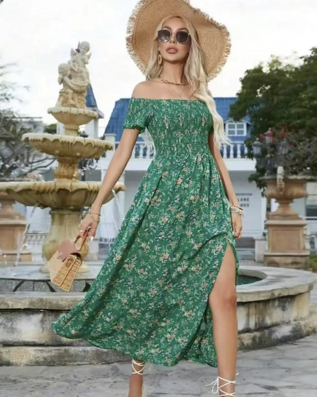 Full Size Slit Off-Shoulder Floral Midi Dress Plus Size Green