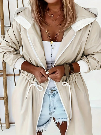 Drawstring Long Sleeve Hooded Trench Coat 