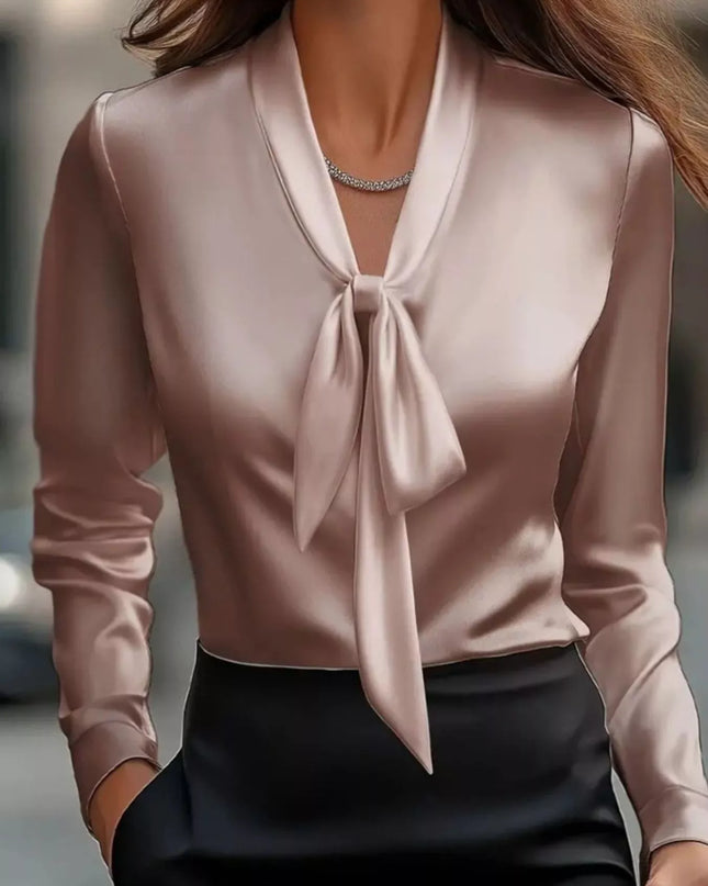 Satin Tie Front Long Sleeve Blouse Pink