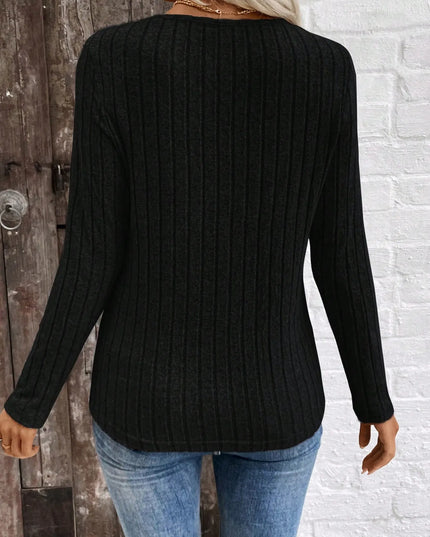 Ribbed V-Neck Long Sleeve Knit T-Shirt