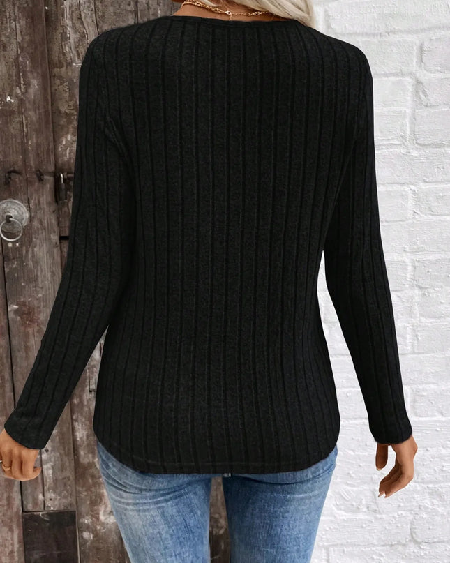 Ribbed V-Neck Long Sleeve Knit T-Shirt