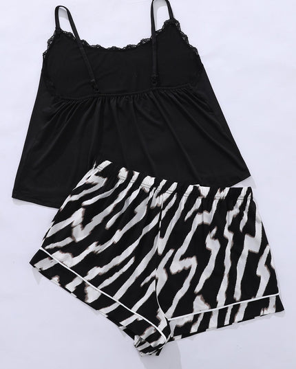 Plus Size Lace Trim Scoop Neck Cami and Printed Shorts Pajama Set