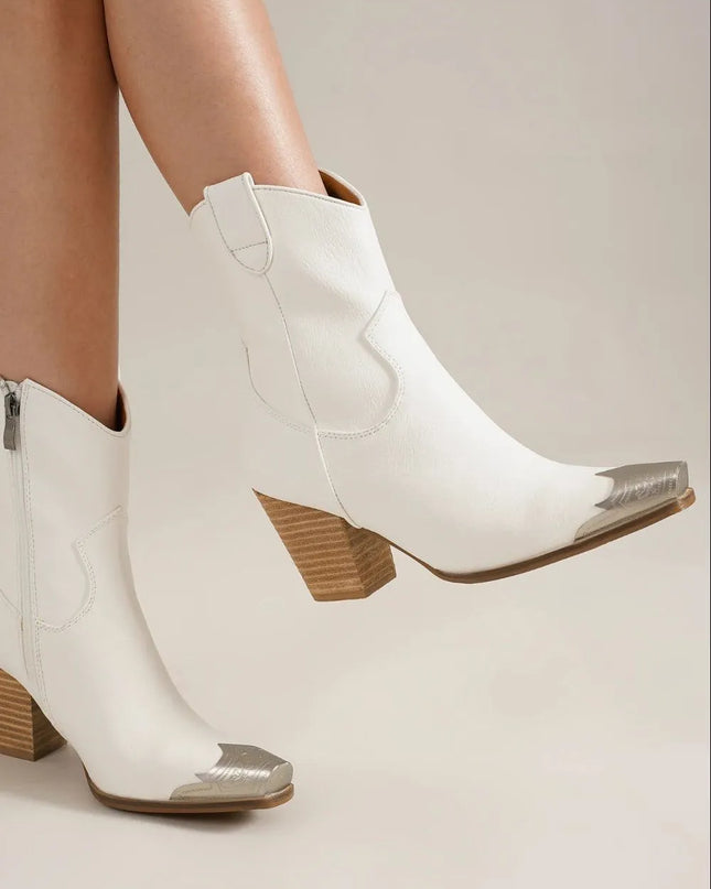 Beast Fashion Faux Leather Block Heel Boots with Side Zippers White
