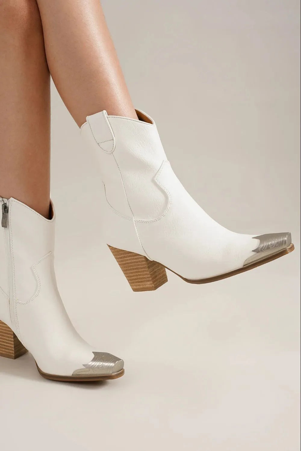 Beast Fashion Faux Leather Block Heel Boots with Side Zippers White