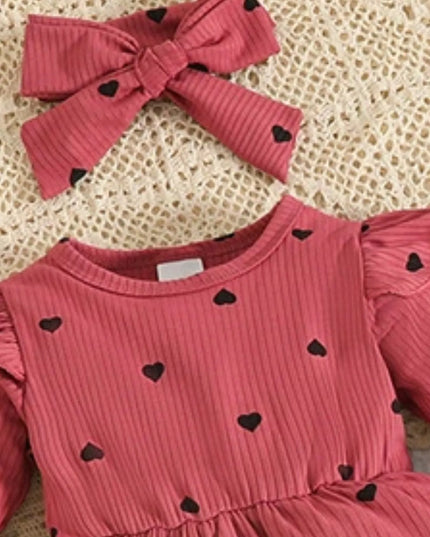 Children's Heart Print Dress & Headband Set Red