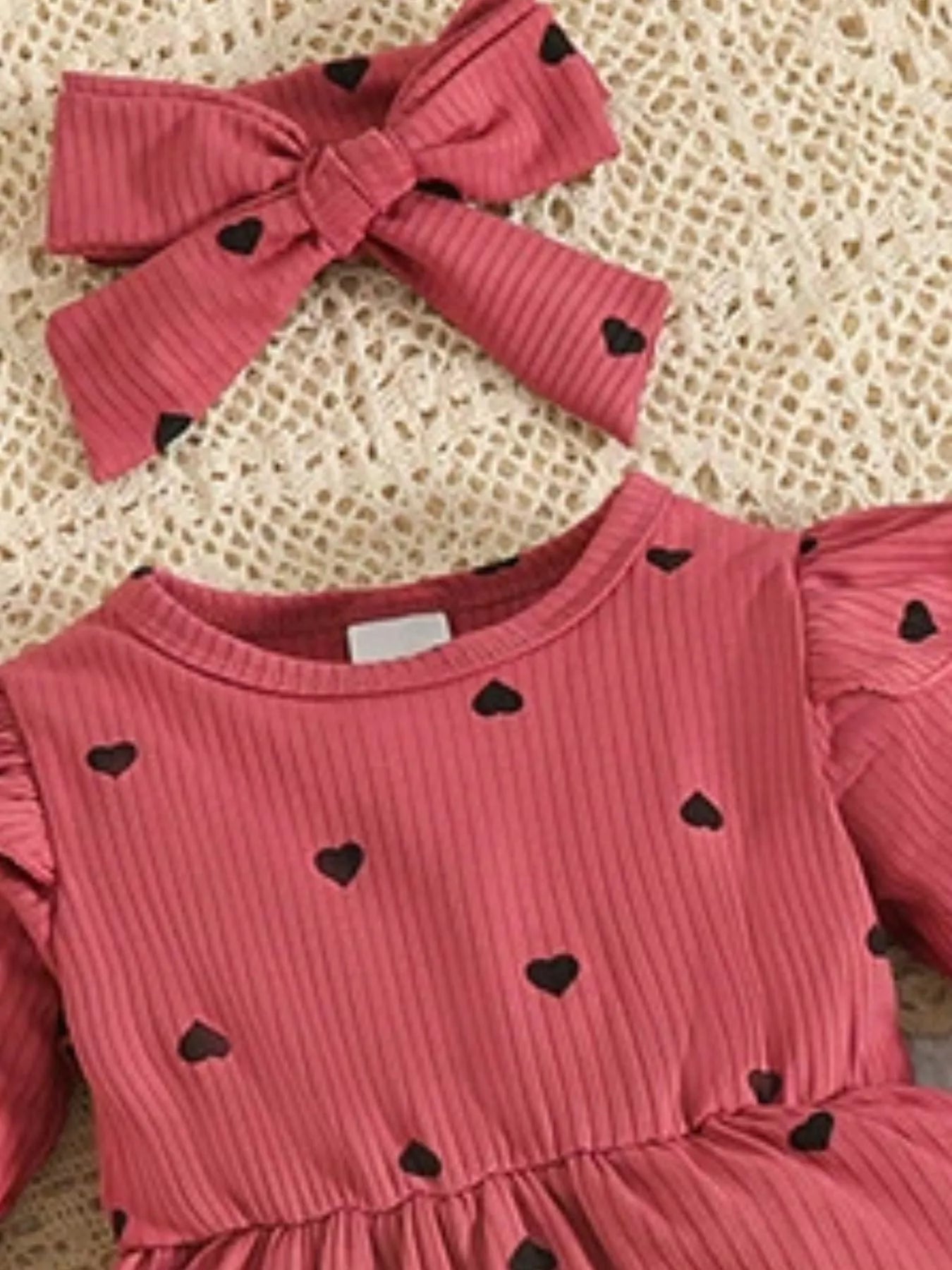 Children's Heart Print Dress & Headband Set Red