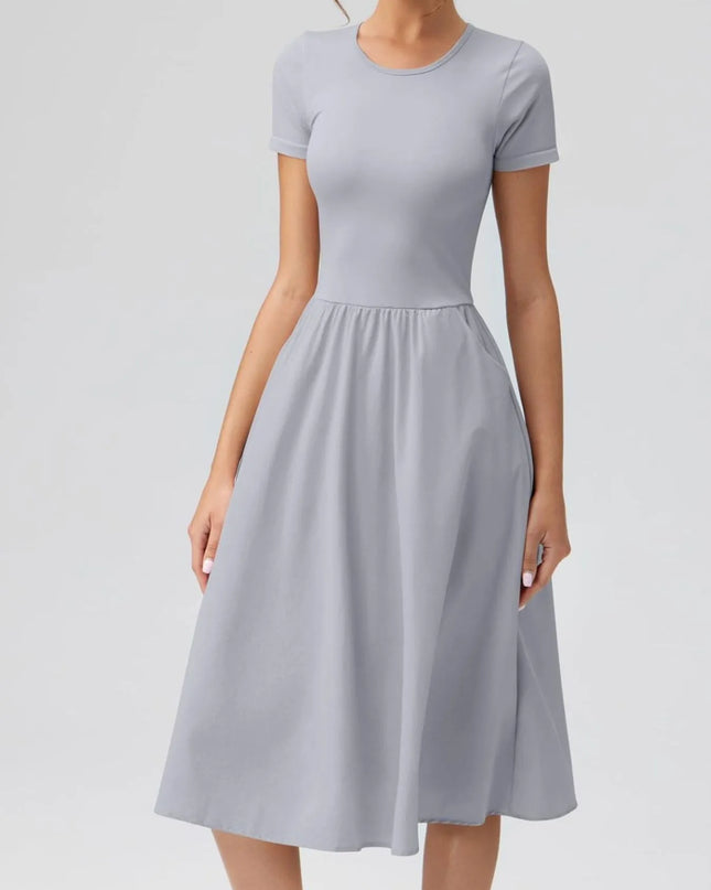 Round Neck Short Sleeve Dress Grey