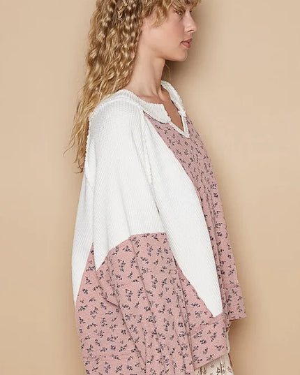 POL Waffle Knit Floral Notched Long Sleeve Top