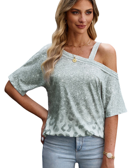 Leopard Asymmetrical Neck Cold-Shoulder Blouse