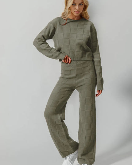 Double Take Full Size Checkered Round Neck Top and Pants Set Matcha Green