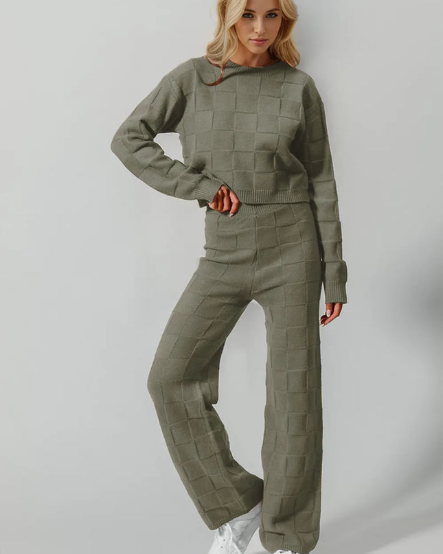 Double Take Full Size Checkered Round Neck Top and Pants Set Matcha Green