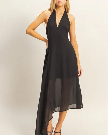 HYFVE Chiffon Halter Asymmetrical Hem Dress BLACK