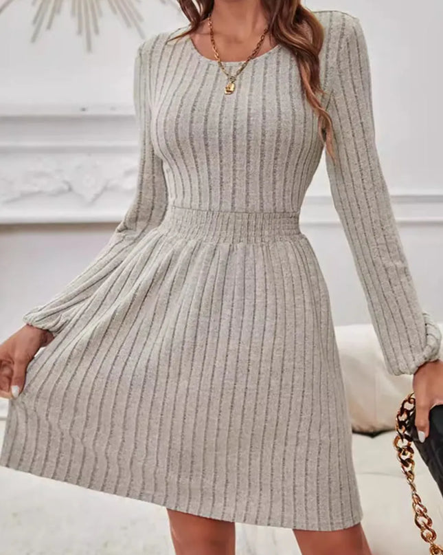 Smocked Round Neck Long Sleeve Knee Length Dress