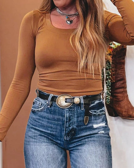 Long Sleeve Crop T-Shirt Camel