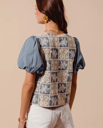 SO ME Crochet Lace Tie Front V Neck Blouse Top