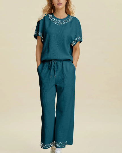 Double Take Full Size Pearl Detail Round Neck Top and Pants Set