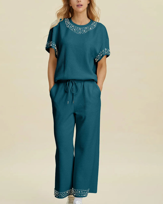 Double Take Full Size Pearl Detail Round Neck Top and Pants Set