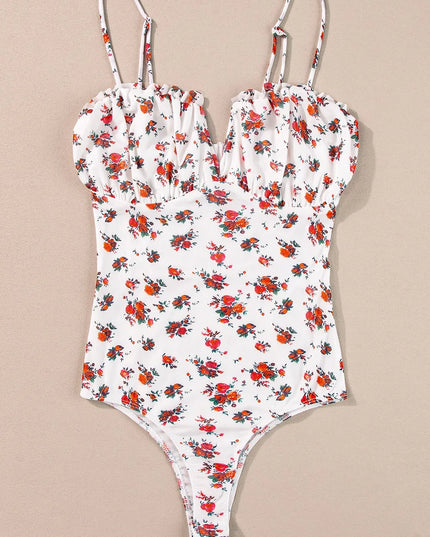Floral Frilled Trim Spaghetti Straps Bodysuit