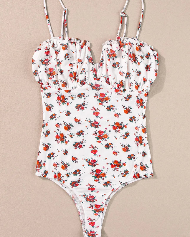 Floral Frilled Trim Spaghetti Straps Bodysuit