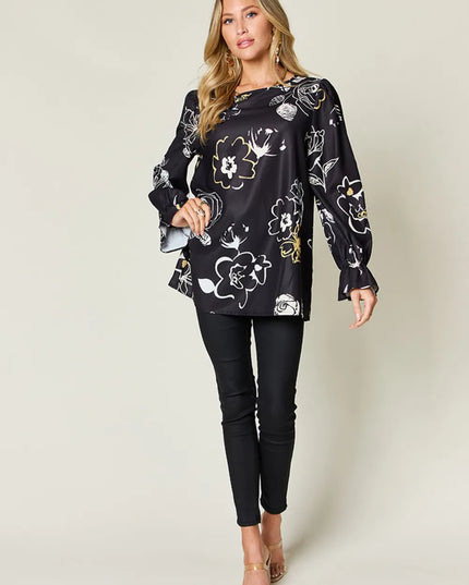 Double Take Full Size Printed Flounce Sleeve Blouse