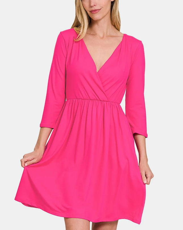 Zenana Three-Quarter Sleeve Surplice Dress with Pockets Hot Pink