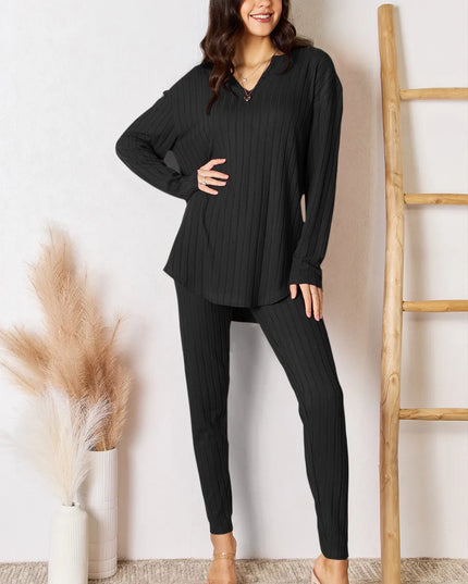 Basic Bae Full Size Notched Long Sleeve Top and Pants Set Black